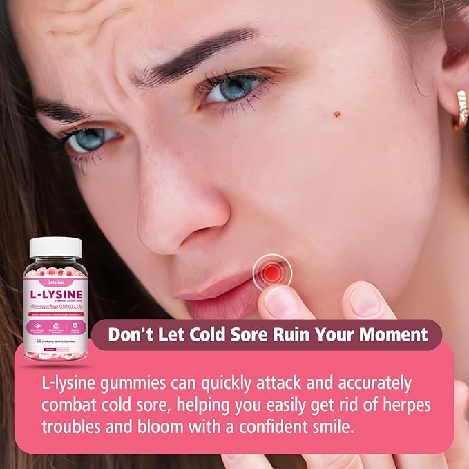 L-Lysine Gummies 1000mg, 7-in-1 Lysine Gummies for Adults & Kids, Essential Amino Acid with L-Arginine, L-Glutamine, Vitamin for Lip & Skin, Immune, Calcium Absorption, Strawberry Flavor, 60Ct