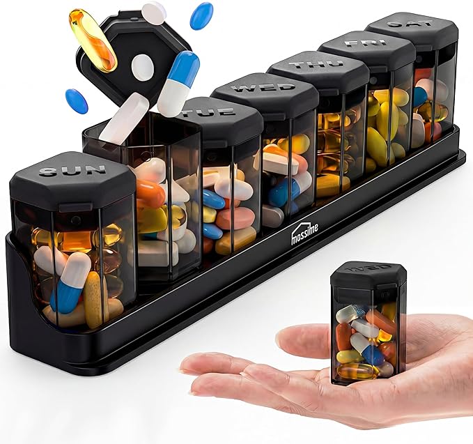 Large Weekly Pill Organizer 1 Time a Day, BPA-Free Pill Dispenser, 7 Day Pill Box with Silicone Lids & Coded Compartments, Spill Proof Travel Case for Vitamins, Seniors & Daily Medication, Black