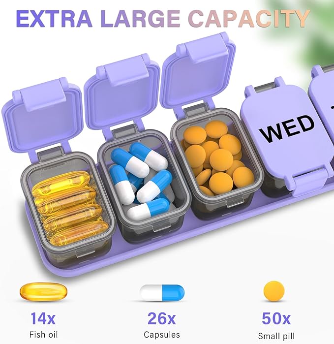 2-Pack Extra Large Weekly Pill Organizer - XL Vitamin Holder with 7 Detachable Compartments, Portable Medicine Pill Organizer for Supplements, Daily Pill Case for Home and Travel