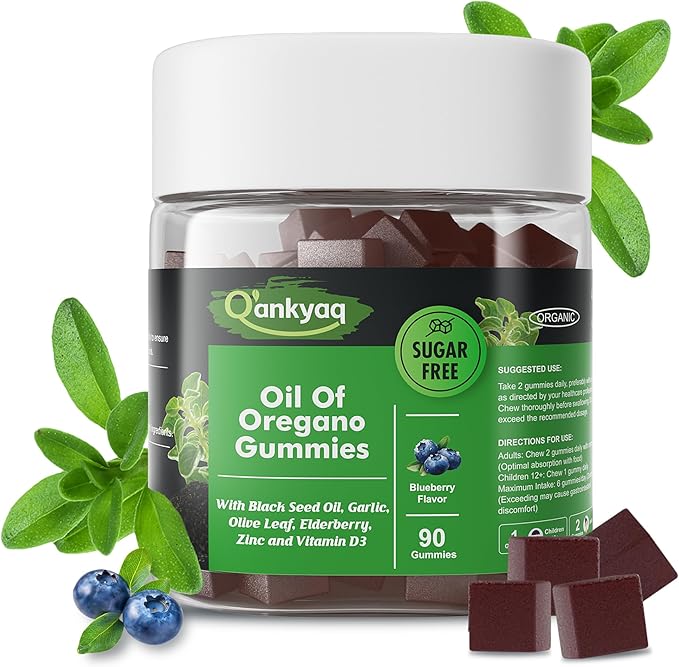 Oregano Oil with Black Seed Oil Organic Gummies for Kids and Adults | 6-in-1 Oregano Oil Supplement | Carvacrol + Thymoquinone | Immune Support with Garlic, Elderberry | Sugar-Free, 90 Chewable