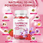 Saffron Gummies for Adult Kids, 10-IN-1 Formula with Saffron 88.5mg, Vitamins D3 & B6, Magnesium, Zinc, Ashwagandha, L-Theanine, St. John's Wort - Supports Mood & Focus, Strawberry Flavor, 60 Count