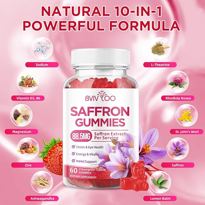 Saffron Gummies for Adult Kids, 10-IN-1 Formula with Saffron 88.5mg, Vitamins D3 & B6, Magnesium, Zinc, Ashwagandha, L-Theanine, St. John's Wort - Supports Mood & Focus, Strawberry Flavor, 60 Count