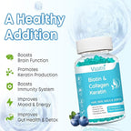 Biotin Gummies with Collagen & Keratin for Hair Skin Nails- Supports Hair Growth and Stronger Nails, Women Men, Kids - 60 Blueberry Flavored Gummies
