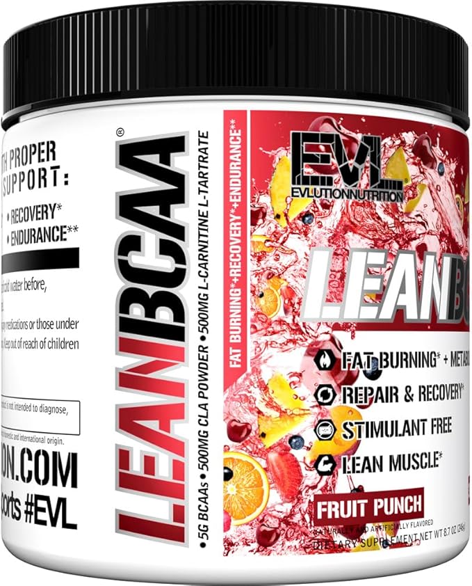 Stimulant Free Lean BCAA Powder - Evlution Nutrition BCAAs Amino Acids Powder with CLA Carnitine and 2:1:1 Branched Chain Amino Acids Supports Muscle Recovery Fat Burn and Metabolism - Fruit Punch