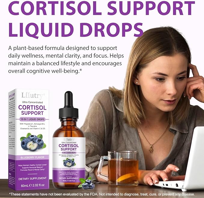 Cortisol Supplements for Women and Men with Magnesium, Ashwagandha, L-Theanine, 10 in 1 Cortisol Detox Manager Reducer, Hormone Balance Liquid Drops - Mood, Focus, Sleep - Blueberry Flavor(2.02 fl.oz)
