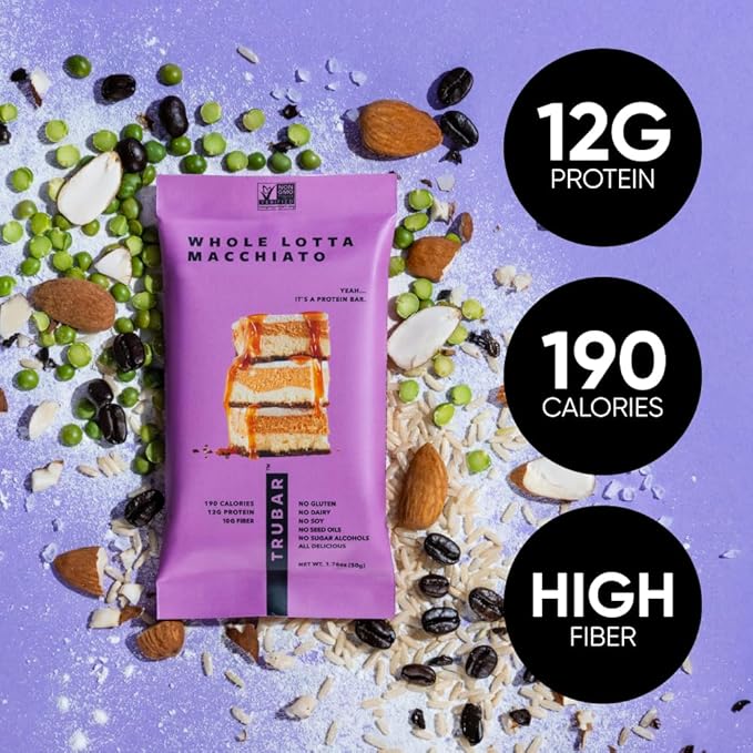 TRUBAR Vegan Protein Bar, Whole Lotta Macchiato, Gluten Free, Plant Based Protein, Dairy Free, Non GMO, Soy Free, No Sugar Alcohols, 12G Protein, 12G Fiber, 23G Carb, On the Go Snack Bars, 12 CT