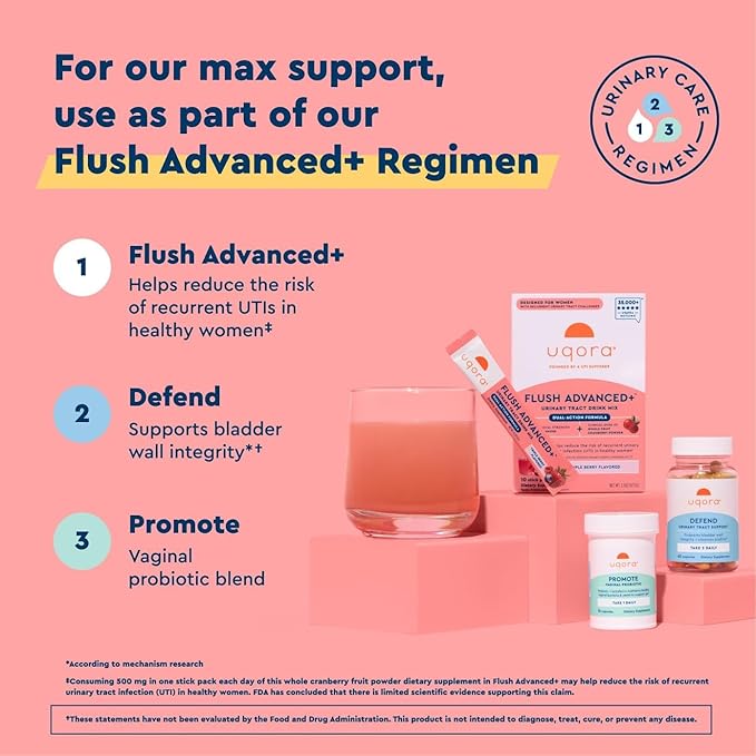 Uqora Flush Advanced+ - Helps Reduce Risk of Recurrent UTI** - with Cranberry, D-Mannose, Vitamin C, Vitamin B6 & Potassium - Gluten-Free & Vegan - Triple Berry Flavor - 20 Packets Total (2 Pack)