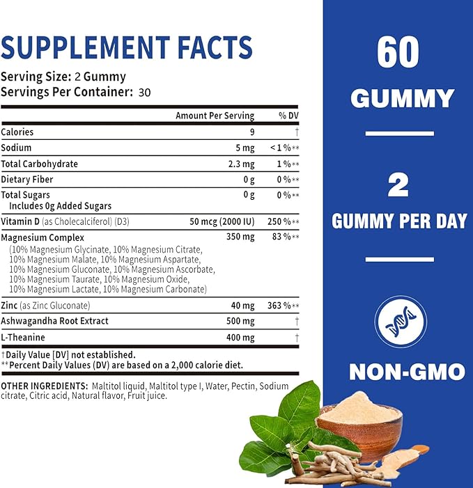 Magnesium Complex Gummies for Women & Men, Calm Magnesium Gummies for Women & Men, 14-in-1 with Ashwagandha, L-Theanine, Vitamin D3 & Zinc, 60 Count (1)