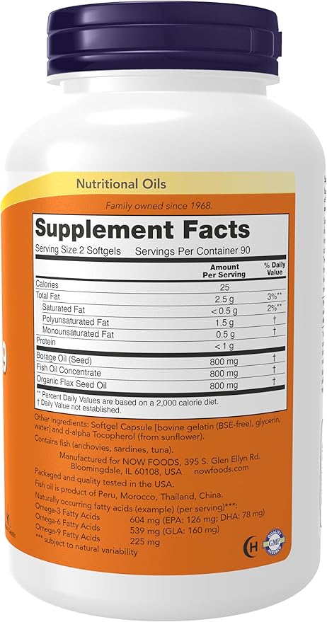 NOW Foods Supplements, Super Omega 3-6-9 1200 mg with a Blend of Fish, Borage and Flax Seed Oils, 180 Softgels,(Pack of 2)