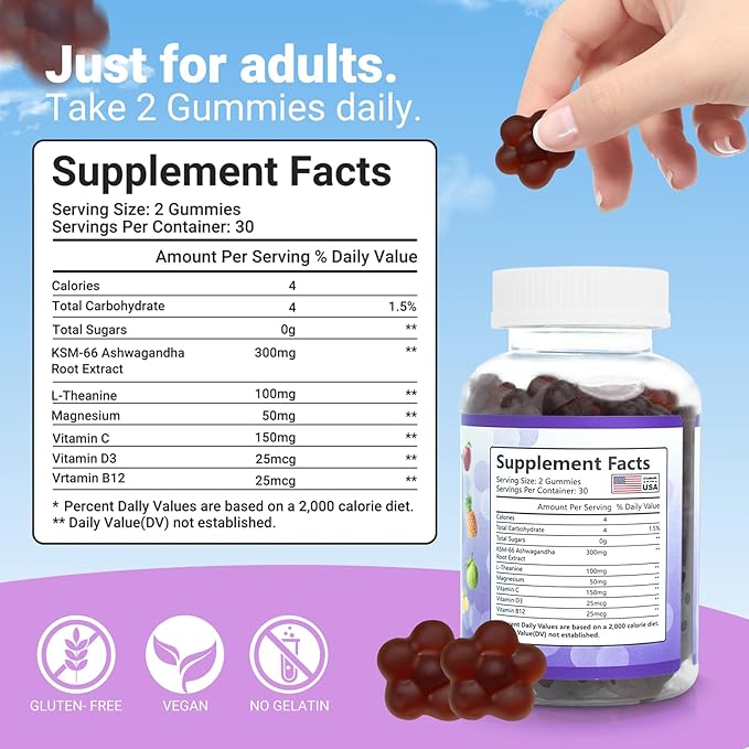 Organic Ashwagandha Gummies with Vitamin D3 - Stress Relief & Immune Support, Vegan Non-GMO, Gluten Free, Mixed Berry Flavor (60 Count)