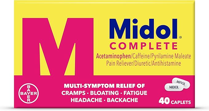 Midol Complete Menstrual Pain Relief Caplets with Acetaminophen for Period Cramps, and Menstrual Symptom Relief - 40 Count (Pack of 3) (Packaging May Vary)