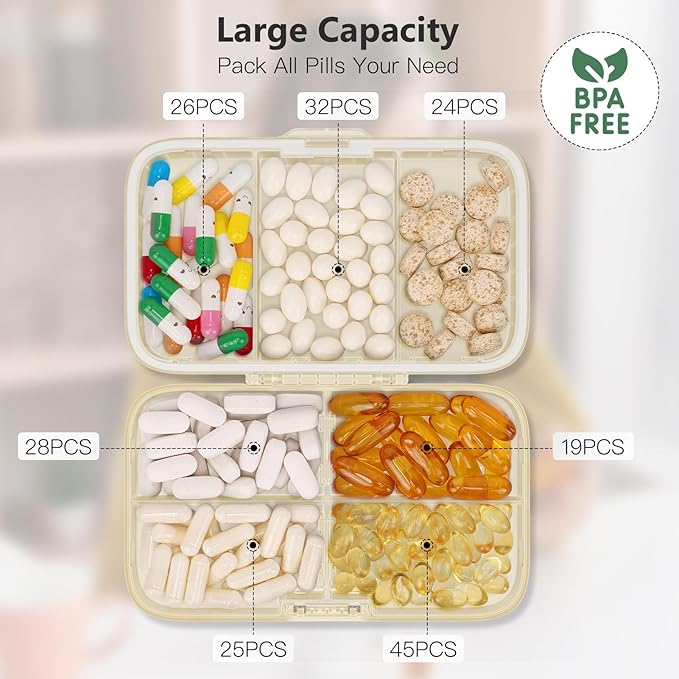 FYY Weekly Pill Organizer with Labels,8 Compartments Travel Daily Pill Case Airtight Moistureproof Large Pill Box to Hold Vitamins, Fish Oil, Supplements,Cotton Swab and Bandages-Beige