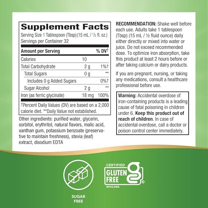 Nature’s Way Liquid Iron Supplement, 18 mg per Serving, Gentle Glycinate Iron, Fast-Absorbing Liquid, Iron for Red Blood Cell Support and Energy Metabolism*, No Sugar Added, Berry Flavored, 16 Fl Oz