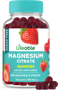 Lifeable Magnesium Citrate Gummies Sugar Free | Great Tasting Magnesium Supplement Gummies for Adults | Vegan, Non GMO Magnesium Gummy | for Men & Women | for Muscle Relaxation | 60 Count