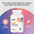 PureFormulas Vitamin D3 1,000 IU 25 mcg - Premium Vitamin D Supplement for Healthy Bone Formation, Teeth, Cardiovascular Health, and Immune Support Non-GMO - 100 Count Tablets