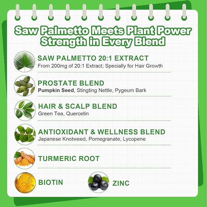 2 Pack Saw Palmetto for Men Gummies, Extra Strength DHT Blocker for Men, with Pumpkin Seed Oil & Biotin, Support Prostate, Urinary Health & Hair Growth, Hormone Balance, Sugar Free, Vegan, 120ct