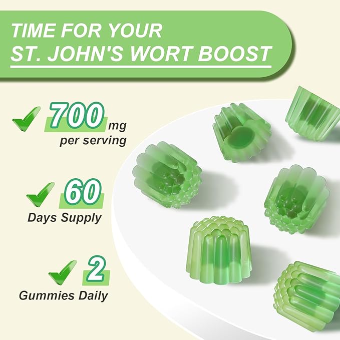 2 Pack St John's Wort Gummies 700mg, Natural Herbal Supplement for Adults & Kids, Support Calm, Relaxation & Brain Health, Vegan, Non-GMO, Gluten Free, Apple Flavor, 120 Count