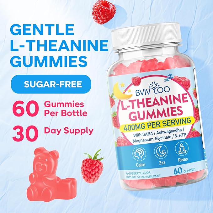 L-Theanine Gummies with L-Theanine 400 mg, Ashwagandha, GABA, 5-HTP, Magnesium Glycinate for Calm, ZZZ & Relaxation Support - Vegan, Raspberry Flavor, 60 Count