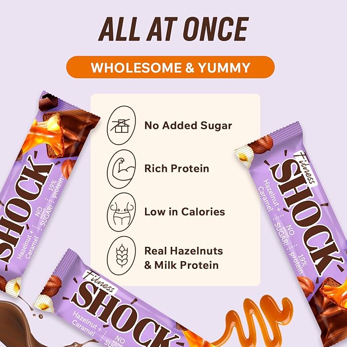 Fitness SHOCK Hazelnut Caramel Protein Bars - No Added Sugar, Low Calorie Low Carb Snack - 10g Protein, 0g Added Sugar, 190 Kcal, 16g Net Carbs - 12 x 50g