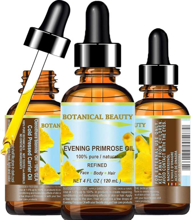 Botanical Beauty EVENING PRIMROSE OIL 100% Pure Natural Undiluted Unrefined Virgin Cold Pressed Carrier Oil. 4 Fl.oz.- 120 ml for face, skin, hair, nails. Rich in essential fatty acids GLA
