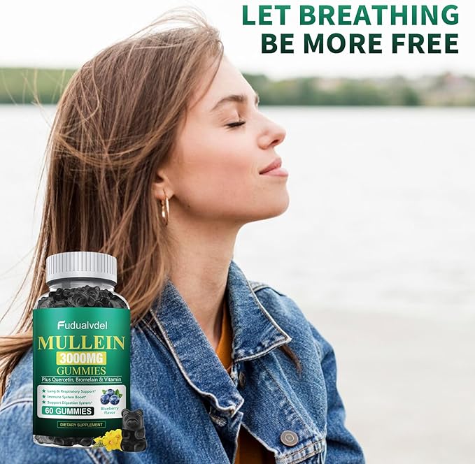 2 Packs 3000MG Organic Mullein Gummies for Lung, Mullein Leaf Extract for Lungs - Quercetin, Bromelain for Respiration，Immune and Digestive Support, 120 Count Blueberry Gummys