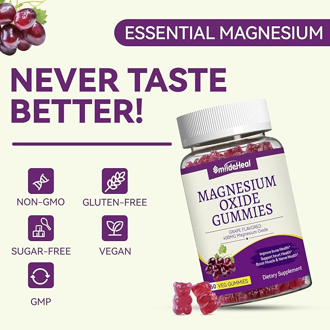 Magnesium Oxide Gummies 400mg, Chewable Magnesium Gummies for Women & Adults, Nerve & Muscle Support - Sugar-Free, Vegan, 60 Count
