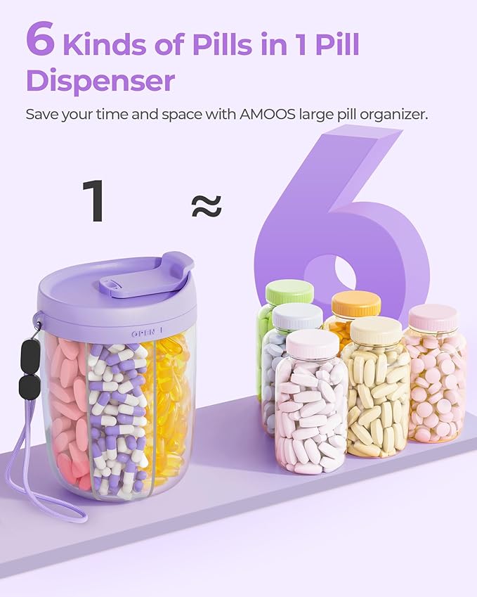 AMOOS Large Pill Dispenser with 6 Compartments, Anti-Mix Pill Bottle Organizer with Wide Opening & Easy Retrieval, Vitamin Organizer for Travel, BPA-Free Pill Box with a Strap, Purple