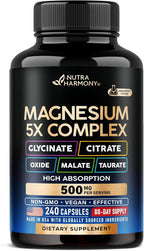 Magnesium Supplement - 5 in 1 Complex 500 mg | Glycinate | Citrate | Malate | Taurate | Oxide - Made in USA - Stress, Muscle & Heart Support - Vegan, Natural, Non-GMO - 240 Capsules