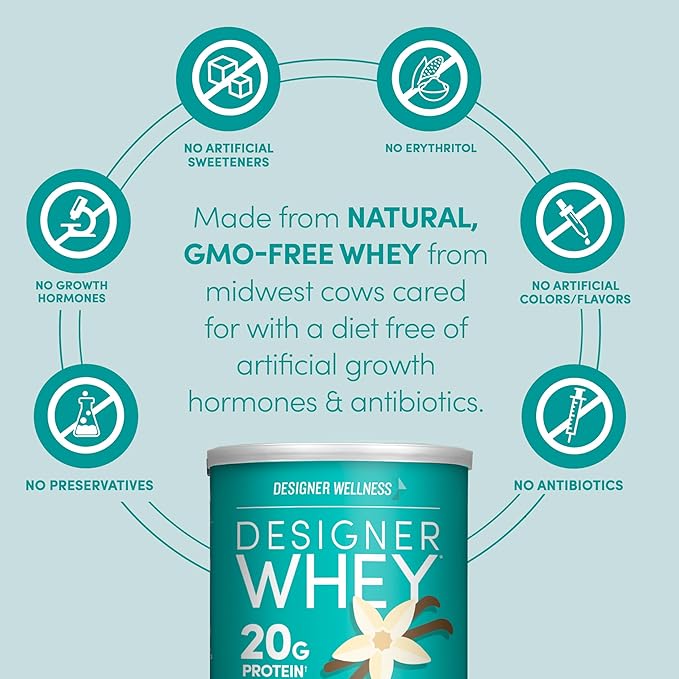 Designer Wellness, Designer Whey, Natural Whey Protein Powder with Probiotics, Fiber, and Key B-Vitamins for Energy, Gluten-Free, French Vanilla, 12oz