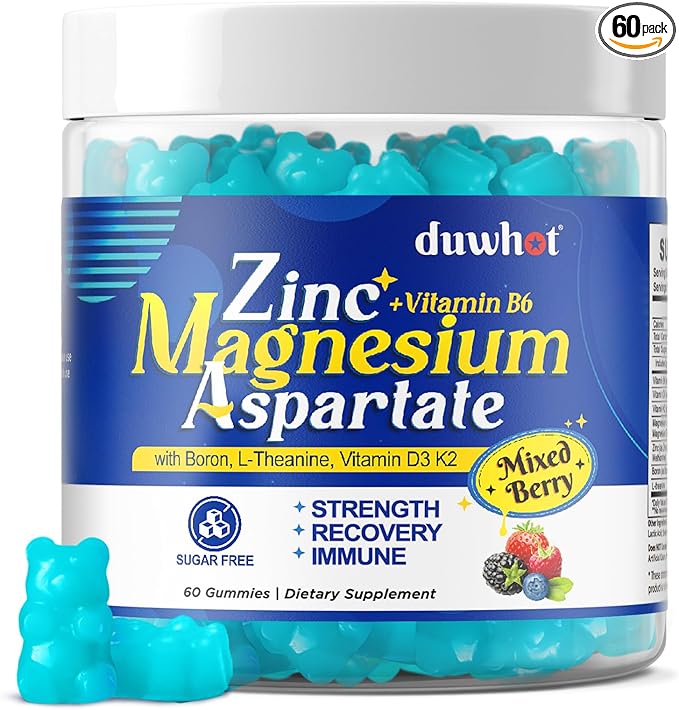 Zinc Magnesium B6 Supplement, Zinc Magnesium Aspartate Gummies with Vitamin B6 D3 K2, L-Theanine & Boron, Support Energy, Muscle Relief & Bone Health, Sugar Free 60 Gummies