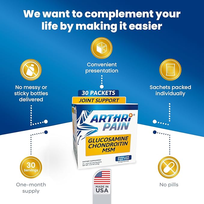 Arthripain – Joint Support Cartilage Repair Supplement – Clinically Tested Joint Juice - Ligament Relief Support – Glucosamine Chondroitin MSM – Swollen Knee Treatment –Sugar-Free – Made in US - 30ct