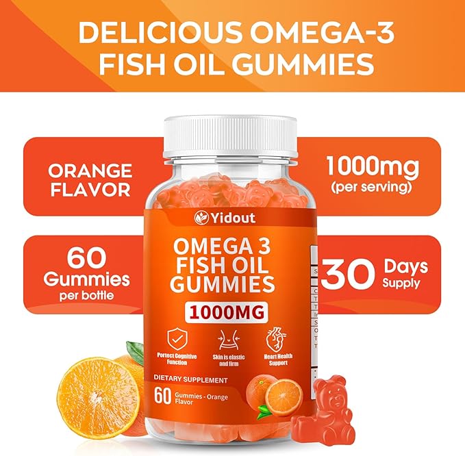 Omega 3 Fish Oil Gummies, Delicious Orange Flavor Fish Oil Gummy Supplements for Joint, Heart Health, & Brain Support (60 Count（Pack of 1）)