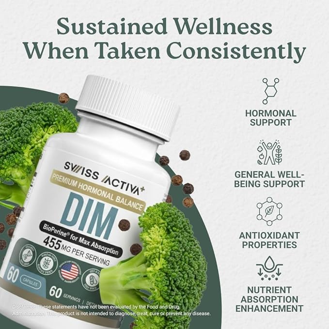 Swiss Activa+ Labs DIM Supplement – Hormone Balance for Women & Men – Estrogen Supplement for Women and Men– Supports Hormonal Acne & Menopause Symptoms| Gluten Free, Non-GMO & Vegan – 120 Days Supply