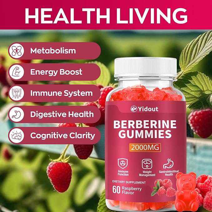 Berberine Gummies 2000mg-Natural High Potency Berberine HCL Supplement - Immune System & Metabolism Support - Vegan, Non-GMO - Delicious Raspberry Flavor (60 Count（Pack of 2）)
