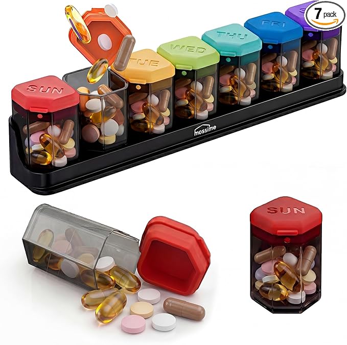 Large Weekly Pill Organizer 1 Time a Day, BPA-Free Pill Dispenser, 7 Day Pill Box with Silicone Lids & Coded Compartments, Spill Proof Portable Case for Vitamins, Seniors & Daily Medication