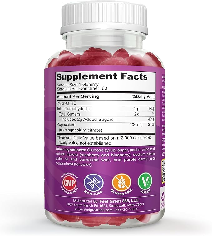 Feel Great Kids Calm Magnesium Gummies - Magnesium Supplement for Children - Magnesium Citrate Gummies - 60 Count