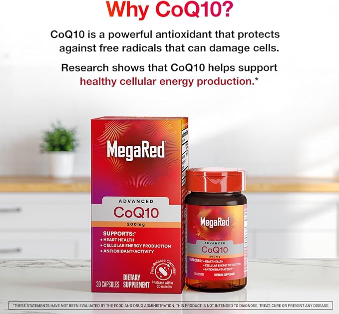 MegaRed Advanced CoQ10 Supplements- 200mg Per Serving, Powerful Antioxidant that Supports Cellular Energy Production and Protects Against Free Radicals*- 30 Coenzyme Q10 Capsules, 30 Servings