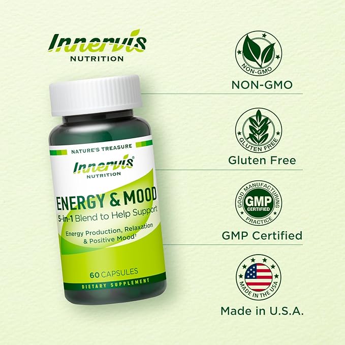 Caffeine Free Natural Energy Boost with Ashwagandha, Maca & Magnesium - Support Stress Relief, Focus & Mood - 60 Capsules by Innervis Nutrition