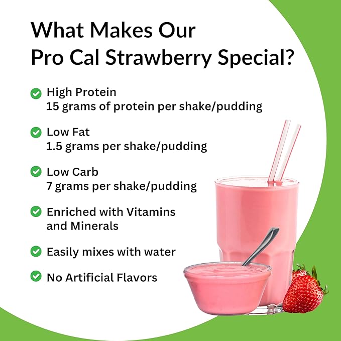 Pro-Cal Strawberry Meal Replacement Powder - High Protein, Low Calorie Shake & Pudding Mix - Low-Carb, Gluten Free - Breakfast Boost - Delicious & Easy to Prepare - 16 Servings, 15.2oz