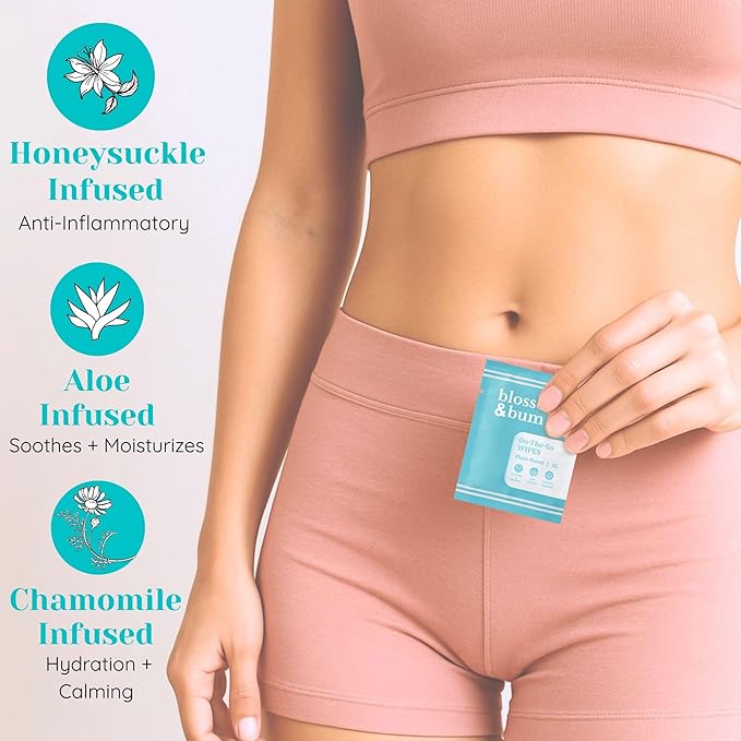 Blossom & Bum Feminine Wipes, Flushable, Plant-Based with Aloe & Vitamin E, 20 Count, Hypoallergenic, Flushable