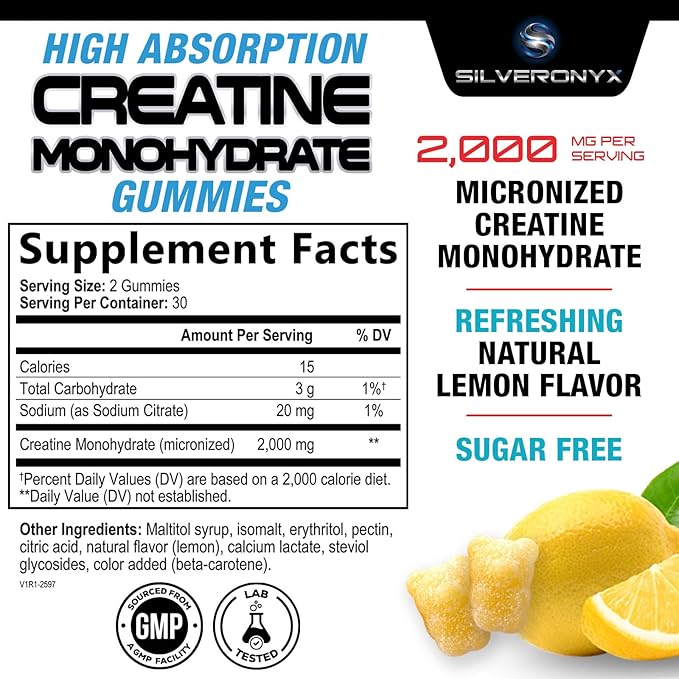 Creatine Gummies - 2000mg per serving Creatine Monohydrate Chewables - Best Micronized, Sugar Free Creatine for Men & Women - Supports Lean Muscle, Strength, Energy, & Endurance - 60 Lemon Gummies