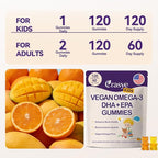 Omega 3 Gummies for Kids & Teens - Sugar Free Omega DHA & EPA Supplement Gummy for Children Brain and Immunity - No Fish Burps, Vegan - 120 Gummies
