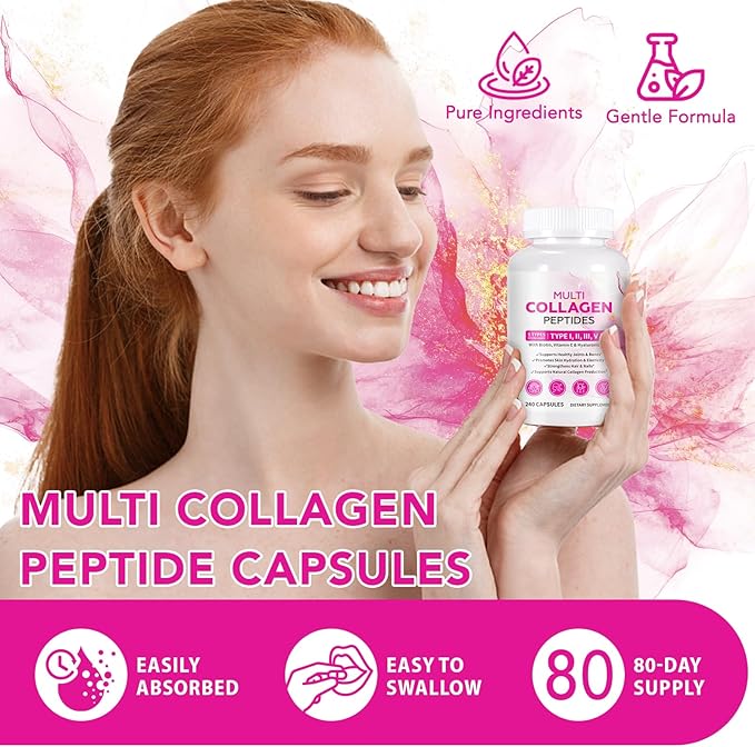 2 Pack Multi Collagen Peptides Capsules with Biotin, Vitamin C & Hyaluronic Acid – Contains extracts Such as Eggs and Fish！！！