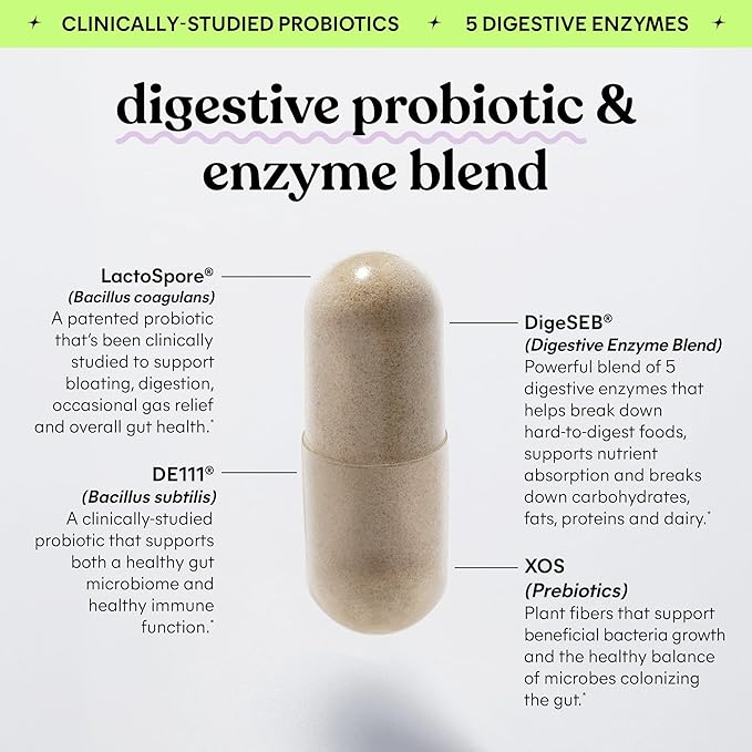 Lemme Debloat 3-in-1 Prebiotic, Probiotic & Digestive Enzyme Capsules for Bloating & Gas Relief - 2 Clinically Studied Probiotics w/5 Digestive Enzymes to Improve Digestion, Women & Men, (60 Count)