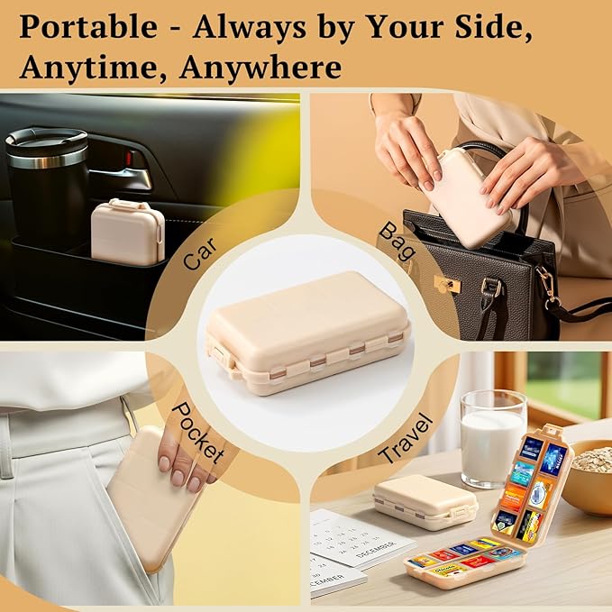Travel Pill Organizer with Bulk Stickers & Labels - Small & Portable Week Daily Medicine Pharmacy for Pocket, Bag - 14-Compartment Foldable Supplement Box Holder for Fish Oil Vitamin - Khaki