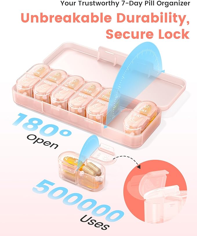 Pillex Weekly Pill Organizer 2 Times a Day, Daily AM PM Pill Box Case 7 Day with Large Openings for Easy to Use, Travel Medicine Container for Medication, Vitamins, Supplements - Pink