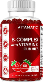 Vitamatic Vitamin B Complex Gummies with Vitamin C & Inositol - Natural Strawberry Flavor - 60 Gummies (1 Bottle)