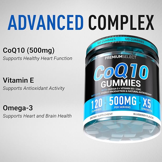 CoQ10 Gummies for Adults 500mg – Sugar Free, 120 Gummies – with Omega-3, Vitamin B3 & Zinc – Supports Heart Health, Cellular Energy & Antioxidant Support Gummy Chews