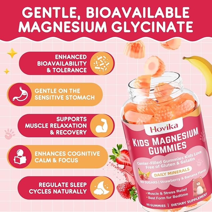 Magnesium Glycinate Gummies for Kids: Calm Magnesium Supplement for Kids & Adults with Zinc Citrate, GABA, Chamomile, Vitamin B6 & C - Sleep, Relaxation & Focus, Strawberry & Banana Flavor 60 Count