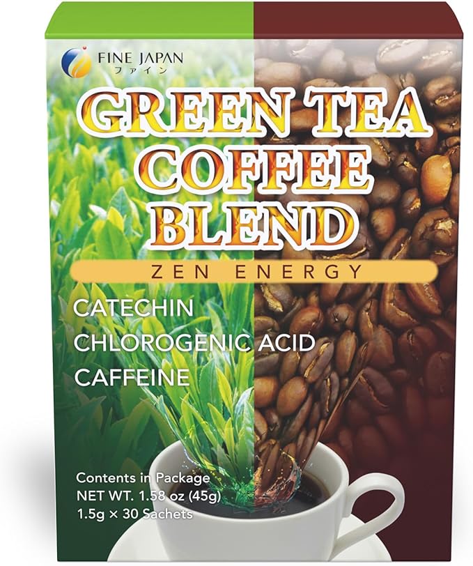 FINE JAPAN Green Tea and Coffee Blend Powder/Catechins and Chlorogenic Acid/Made in Japan/ 30 Sticks (45g)
